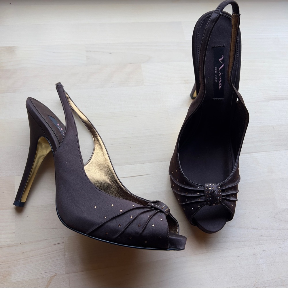 NINA New York Dark Brown Bronze Rhinestones Open Toe Heels Sandals Shoes size 10